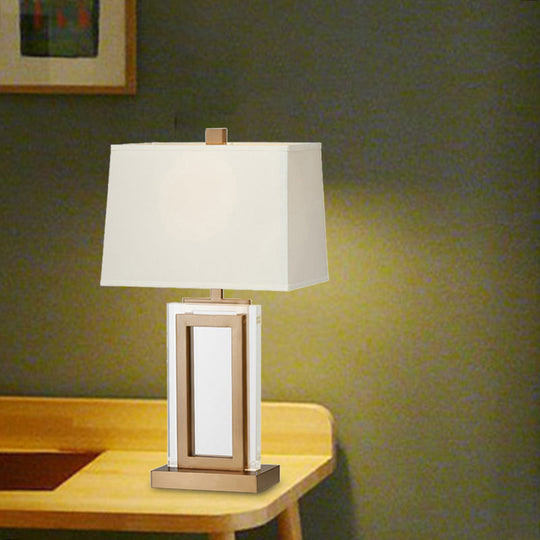 Modern Gold Fabric Desk Lamp - Small Bedside Table Light With Trapezoid Shade