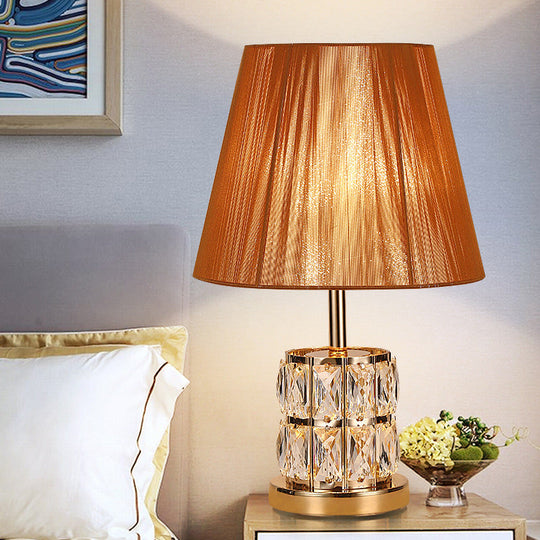 Modernism Fabric Desk Light With Hand-Cut Crystal In Gold - 1 Head Night Table Lamp