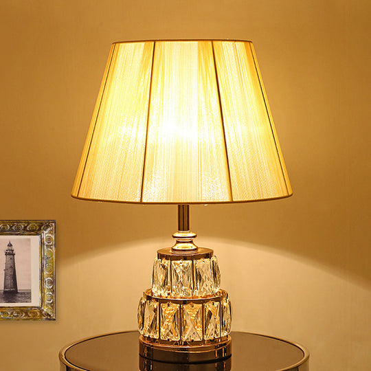 Modern Gold Nightstand Lamp With Fabric Shade And Clear Crystal Base - 1 Bulb Task Light