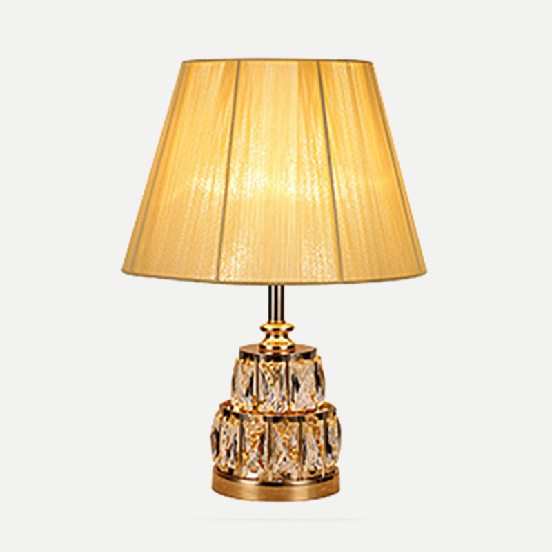 Modern Gold Nightstand Lamp With Fabric Shade And Clear Crystal Base - 1 Bulb Task Light