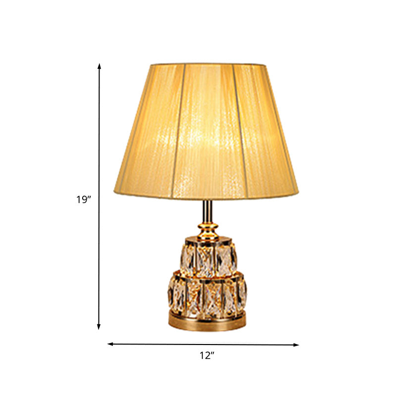 Modern Gold Nightstand Lamp With Fabric Shade And Clear Crystal Base - 1 Bulb Task Light