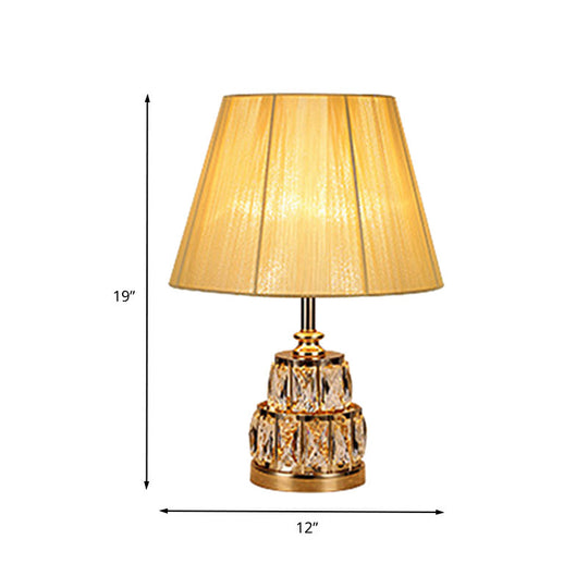 Modern Gold Nightstand Lamp With Fabric Shade And Clear Crystal Base - 1 Bulb Task Light