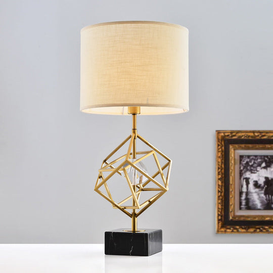 Modern Drum Task Lamp With Gold 1-Head Fabric Reading Light And Black Marble Base