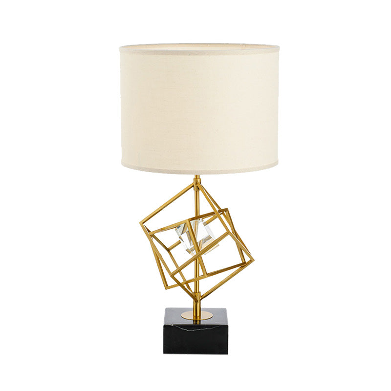 Modern Drum Task Lamp With Gold 1-Head Fabric Reading Light And Black Marble Base