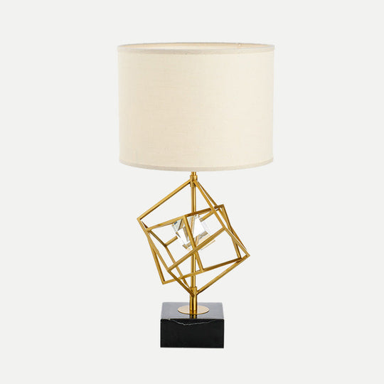 Modern Drum Task Lamp With Gold 1-Head Fabric Reading Light And Black Marble Base