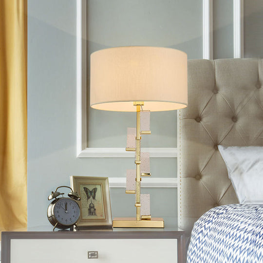 Modern Gold Bedside Lamp With Cylinder Fabric Shade - Stylish Task Lighting