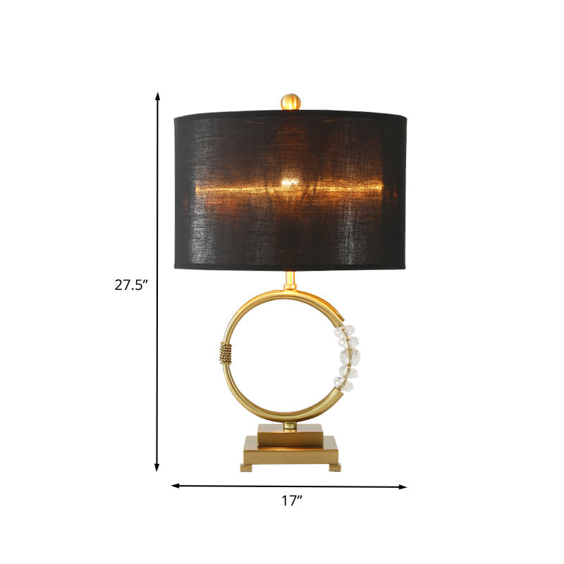 Modern Cylinder Shape Fabric Task Lamp - 1 Head Gold Table Light With Crystal Bead Sleek And Stylish