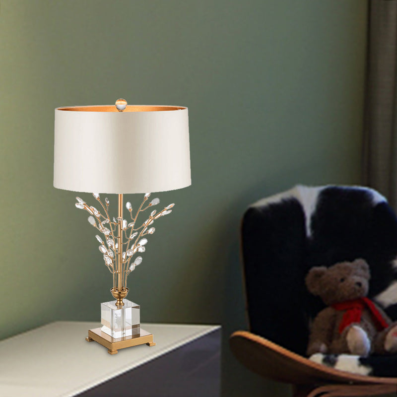 Small Gold Desk Lamp With Crystal Leaf - Modern Fabric Drum Table Light