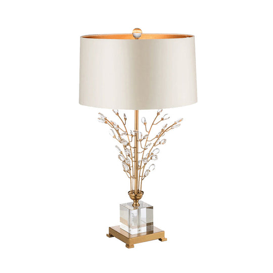 Small Gold Desk Lamp With Crystal Leaf - Modern Fabric Drum Table Light