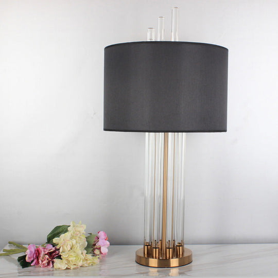 Modern Tubular Fabric Nightstand Lamp With Clear Crystal Accent And Gold Finish