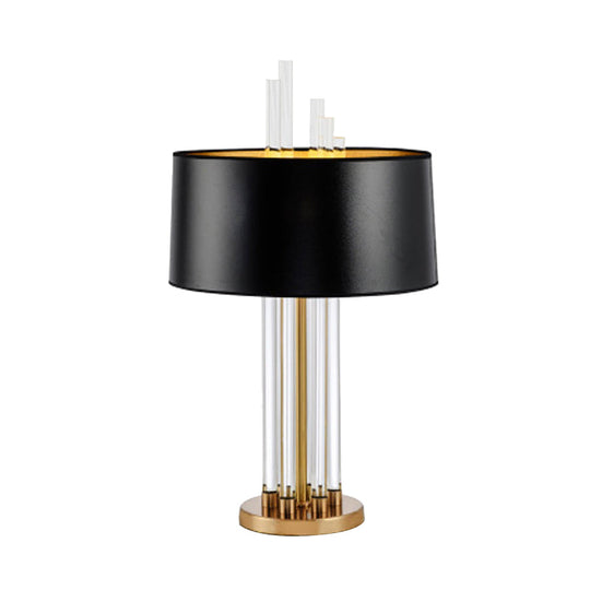 Modern Tubular Fabric Nightstand Lamp With Clear Crystal Accent And Gold Finish