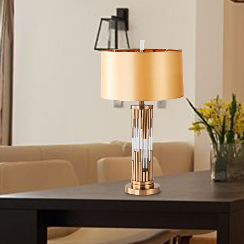 Modern Hand-Cut Crystal Column Desk Lamp With Gold Finish Fabric Shade - 1 Bulb