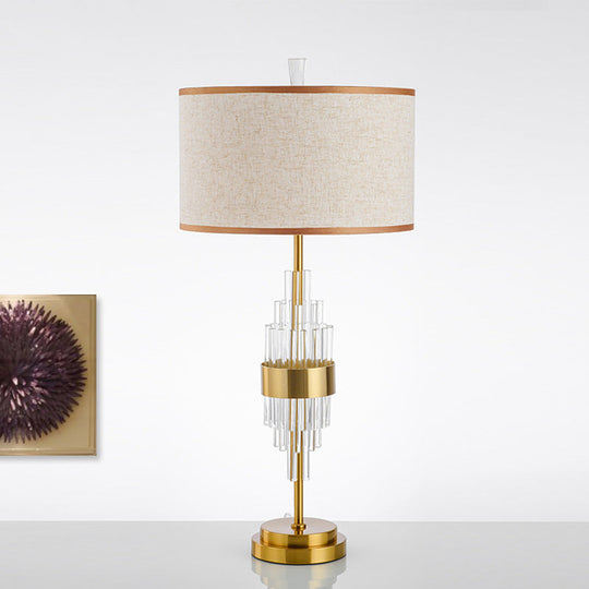 Modernist Gold Desk Lamp: Straight-Sided Shade Small 1-Head Table Light With Fabric