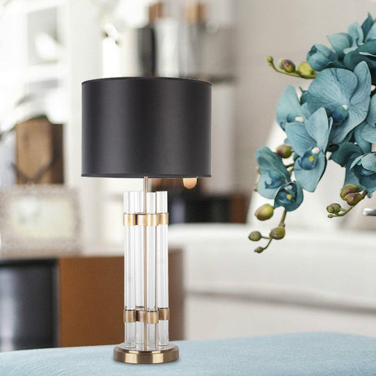 Modern Gold Barrel Fabric Desk Light | 1 Head Night Table Lamp With Clear Crystal Base