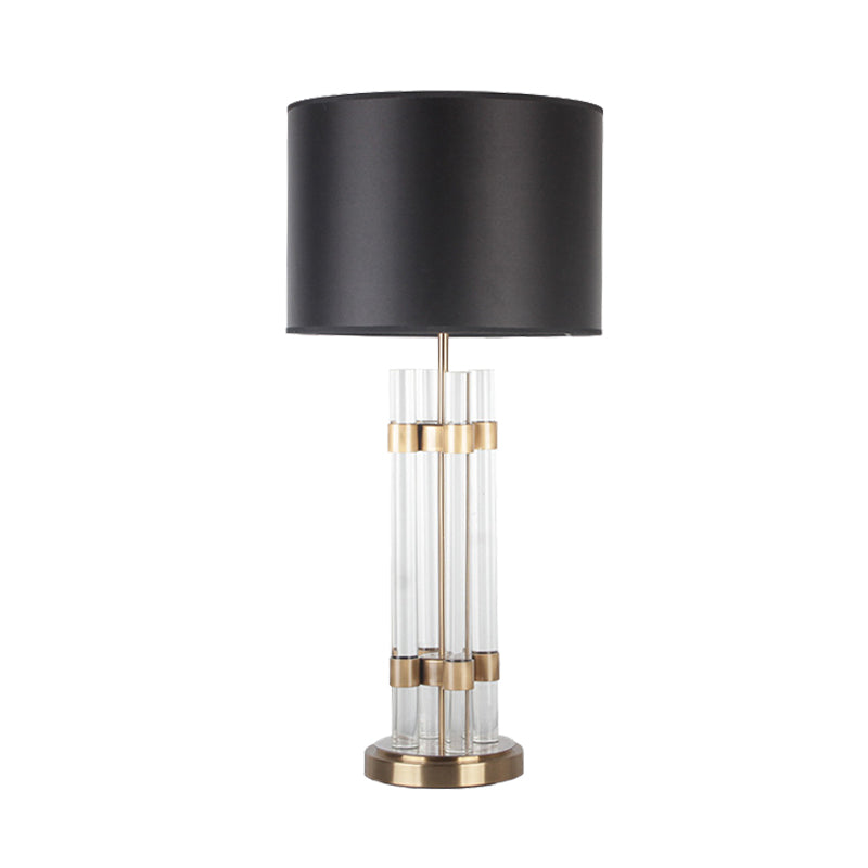 Modern Gold Barrel Fabric Desk Light | 1 Head Night Table Lamp With Clear Crystal Base