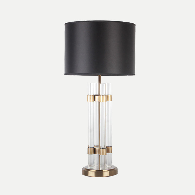 Modern Gold Barrel Fabric Desk Light | 1 Head Night Table Lamp With Clear Crystal Base