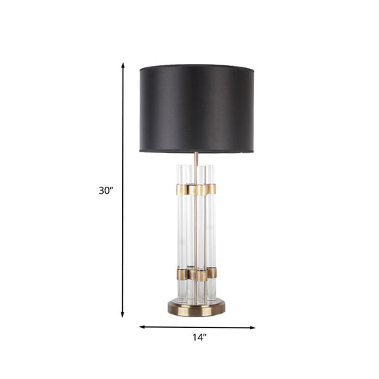 Modern Gold Barrel Fabric Desk Light | 1 Head Night Table Lamp With Clear Crystal Base