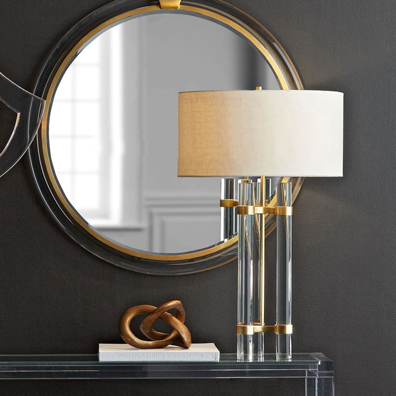 Modernist Gold Crystal Nightstand Lamp With Hand-Cut Crystals & Cylindrical Task Light