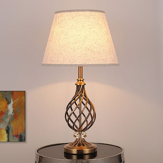 Modern Grey Fabric Conical Table Light With Laser Cut Gold Metallic Base - Desk Lamp