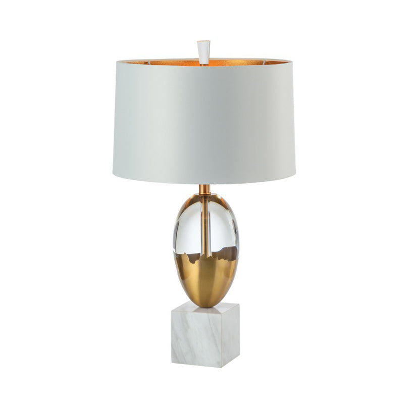 Modern Gold Drum Shade Table Lamp With Square White Marble Base - 1 Bulb Desk Light