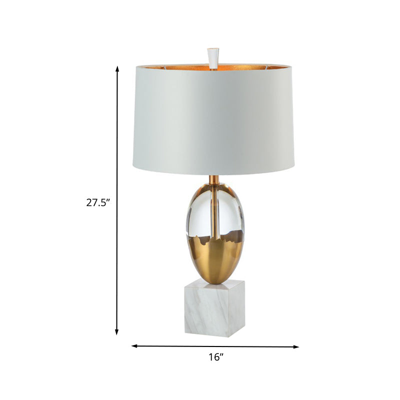 Modern Gold Drum Shade Table Lamp With Square White Marble Base - 1 Bulb Desk Light