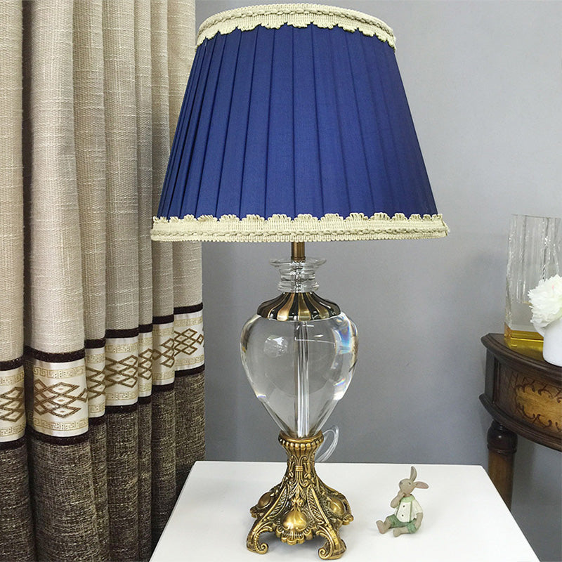 Modern Fabric Cone Study Lamp: Blue Table Light With Brass Metallic Base