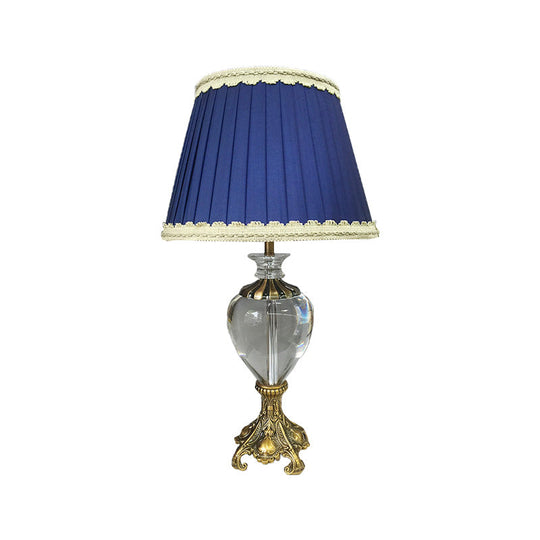 Modern Fabric Cone Study Lamp: Blue Table Light With Brass Metallic Base