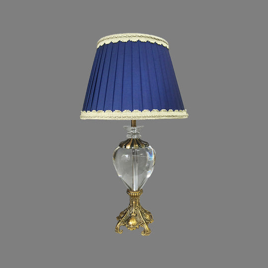 Modern Fabric Cone Study Lamp: Blue Table Light With Brass Metallic Base