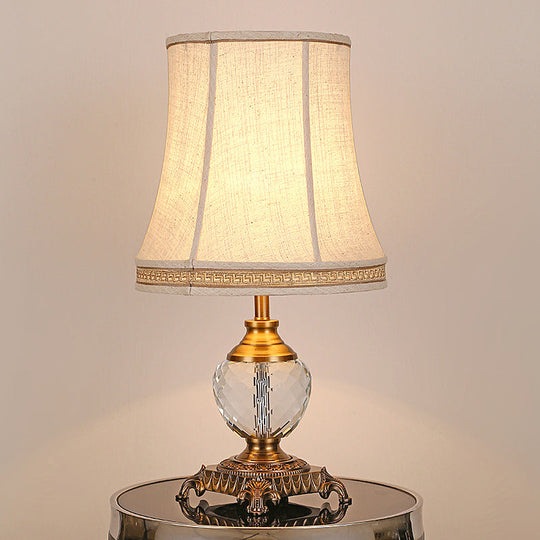 Modern Bell Fabric Table Lamp With Carved Bronze Metallic Base - Beige