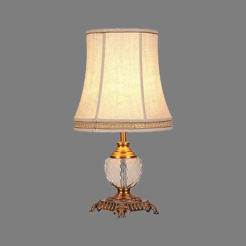 Modern Bell Fabric Table Lamp With Carved Bronze Metallic Base - Beige