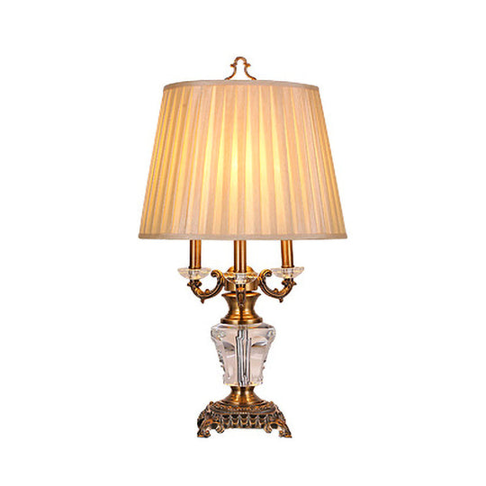 Modern Beige Fabric Pleated Desk Lamp With Bronze Sculpted Metal Base - 1 Bulb