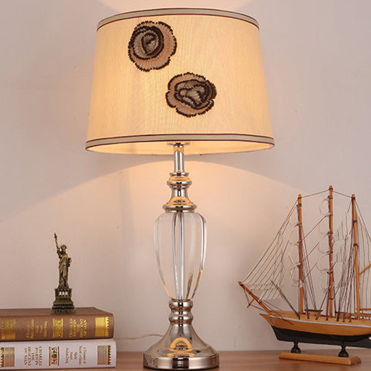 Modern Beige Night Table Lamp With Barrel Fabric Shade - 1 Head Bedroom Desk Light