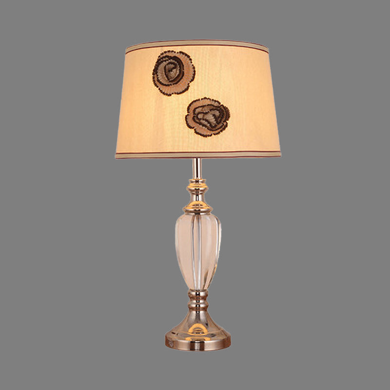 Modern Beige Night Table Lamp With Barrel Fabric Shade - 1 Head Bedroom Desk Light