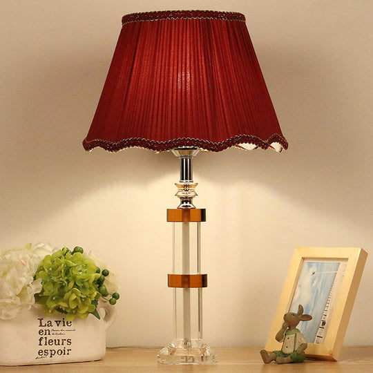 Modern Clear Crystal Nightstand Light Scalloped Design Red Shade 1-Bulb Bedroom Table Lamp