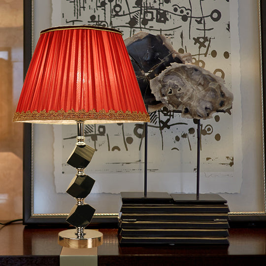 Contemporary Red/Green Barrel Table Lamp With Beveled Crystal Nightstand Light And Braided Trim