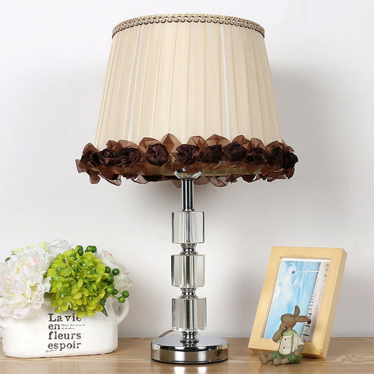 Beveled Crystal Nightstand Lamp - Minimalistic Barrel Design 1 Bulb Beige With Braided Trim