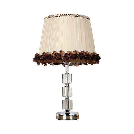 Beveled Crystal Nightstand Lamp - Minimalistic Barrel Design 1 Bulb Beige With Braided Trim