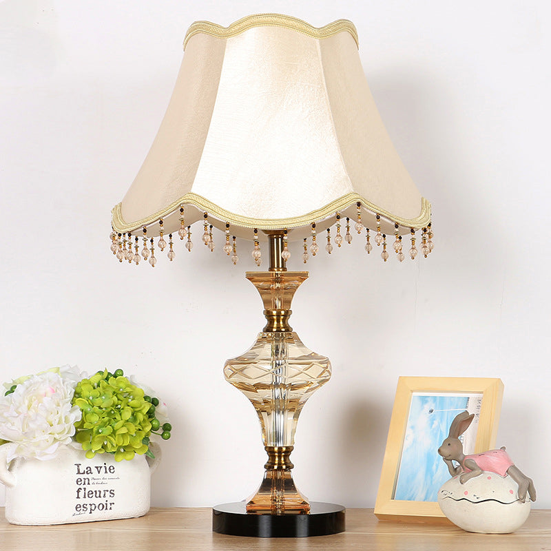 Modern Beige Paneled Bell Nightstand Lamp With Faceted Crystal And Vase-Shaped Base