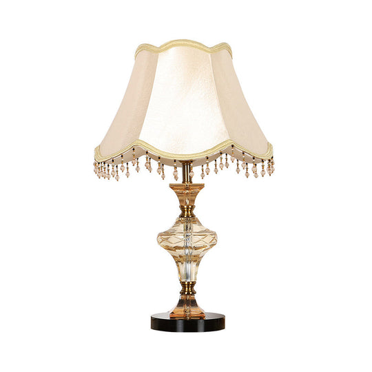 Modern Beige Paneled Bell Nightstand Lamp With Faceted Crystal And Vase-Shaped Base