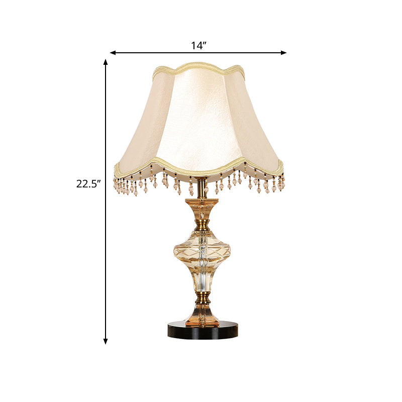 Modern Beige Paneled Bell Nightstand Lamp With Faceted Crystal And Vase-Shaped Base