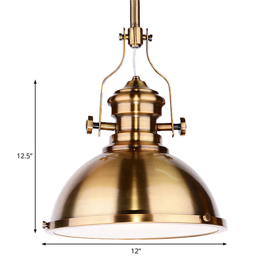 Antique Brass Pendant Light with Frosted Diffuser - Vintage Style Metal Dome Shade, 1-Light Hanging Lamp