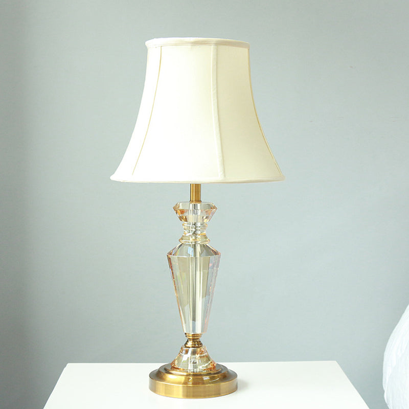 Contemporary Crystal Table Lamp: Panel Bell Style With Gold Finish And Round Pedestal