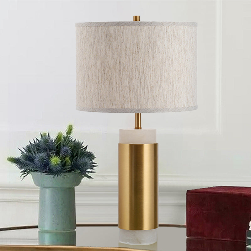 Simplicity 1-Head Fabric Drum Night Table Lamp - Flaxen Metal Nightstand Lighting For Bedroom