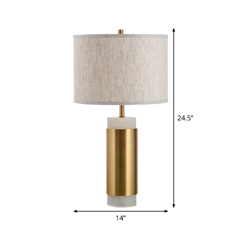 Simplicity 1-Head Fabric Drum Night Table Lamp - Flaxen Metal Nightstand Lighting For Bedroom