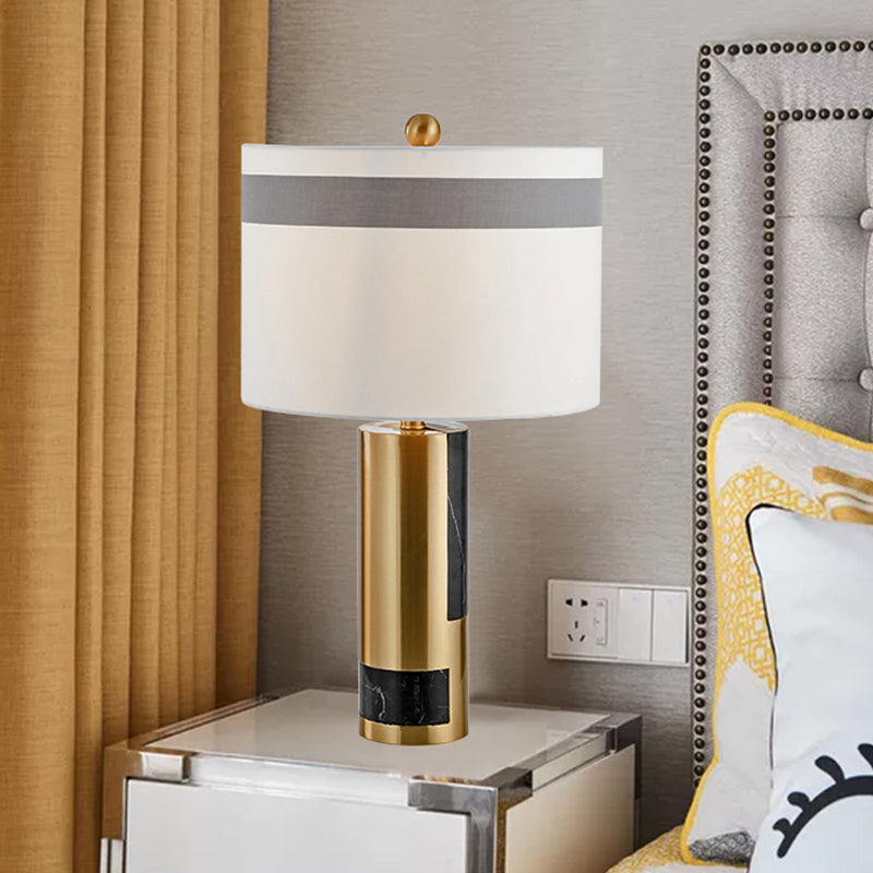 White Drum Table Lamp With Fabric Shade For Bedroom