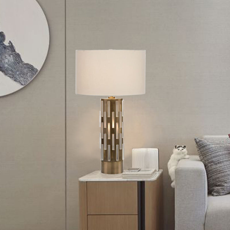 Modern White Metal Table Lamp With Fabric Drum Shade - Perfect Living Room Night Light