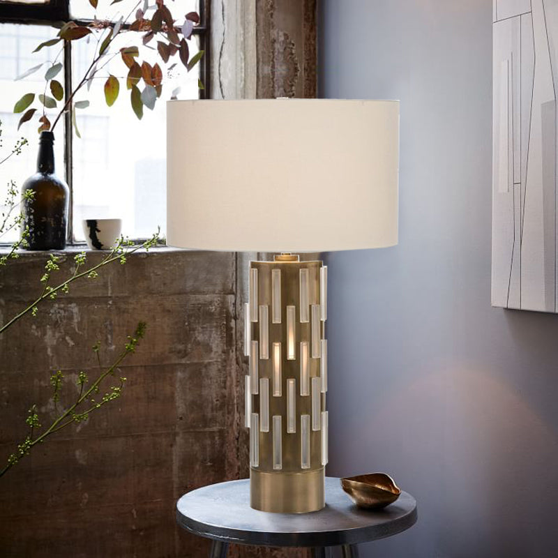 Modern White Metal Table Lamp With Fabric Drum Shade - Perfect Living Room Night Light