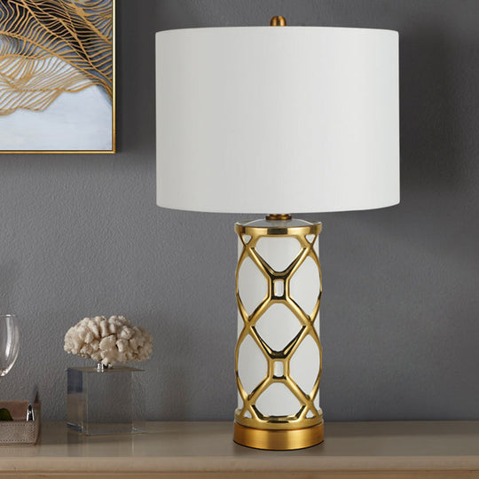 Postmodern Fabric Cylinder Nightstand Lamp- 13/15 Height 1 Light White/Black Metal- Perfect For