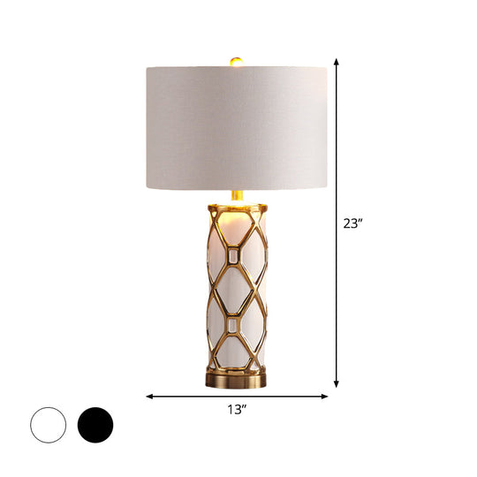 Postmodern Fabric Cylinder Nightstand Lamp- 13/15 Height 1 Light White/Black Metal- Perfect For