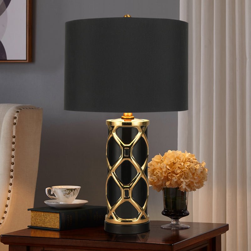 Postmodern Fabric Cylinder Nightstand Lamp- 13/15 Height 1 Light White/Black Metal- Perfect For